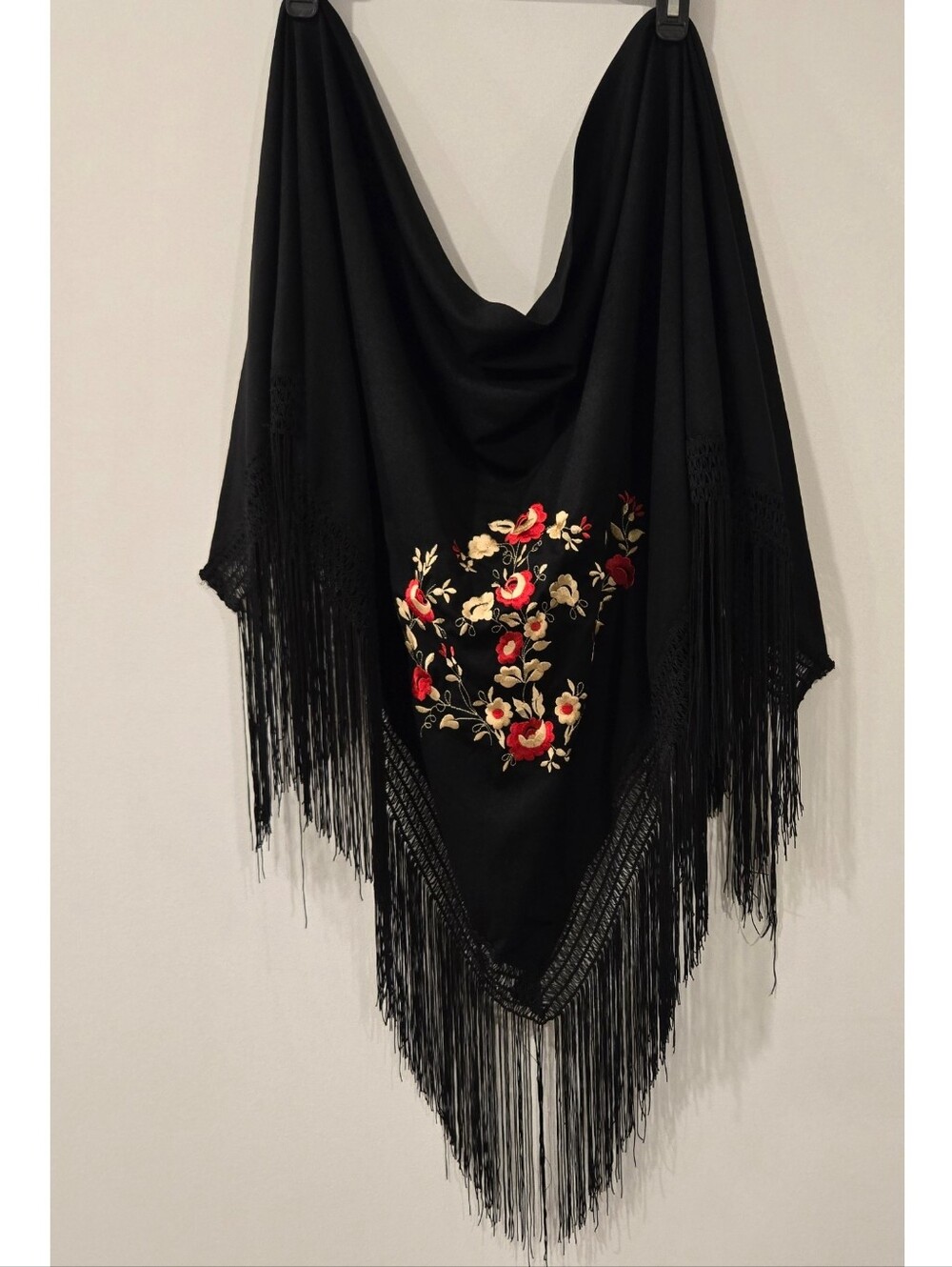 Artesania J Pertinez Black Embroidered Fringe Shawal 68" Width Beautiful Vintage